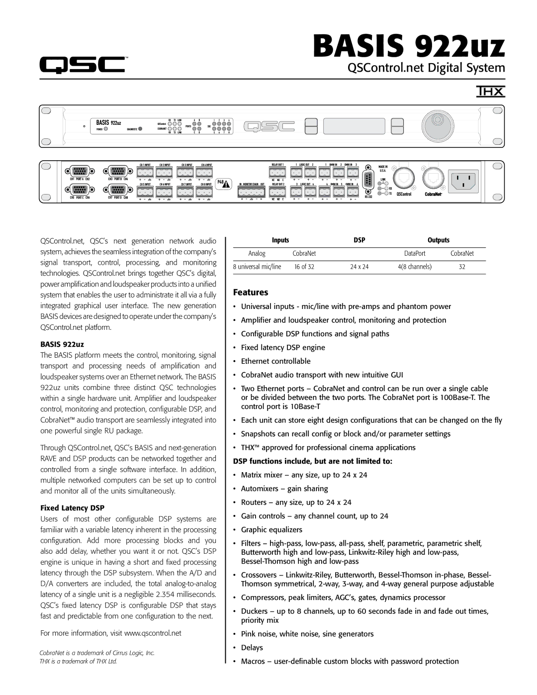 QSC Audio manual Basis 922uz, Fixed Latency DSP, Inputs 