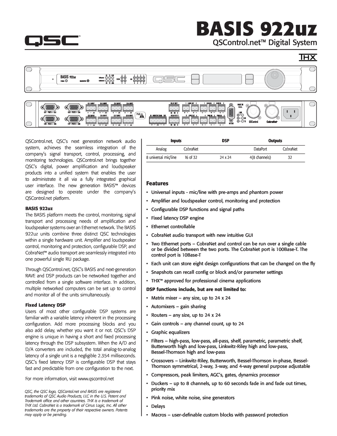 QSC Audio manual Features, BASIS 922uz, QSControl.net Digital System 