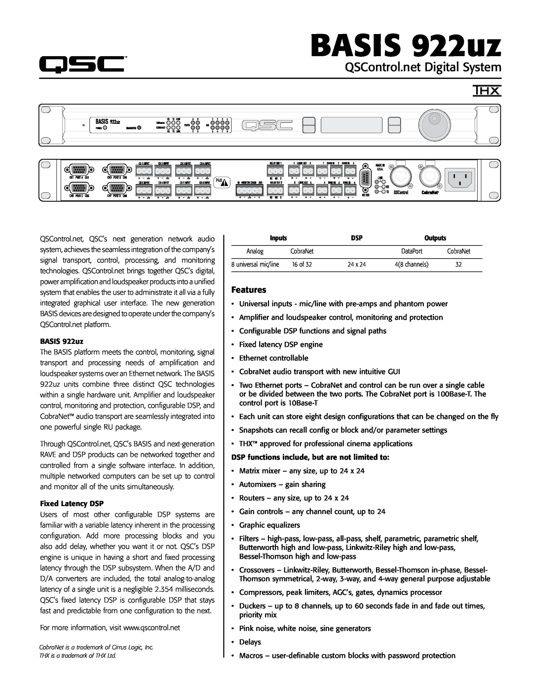 QSC Audio manual Features, BASIS 922uz, QSControl.net Digital System 