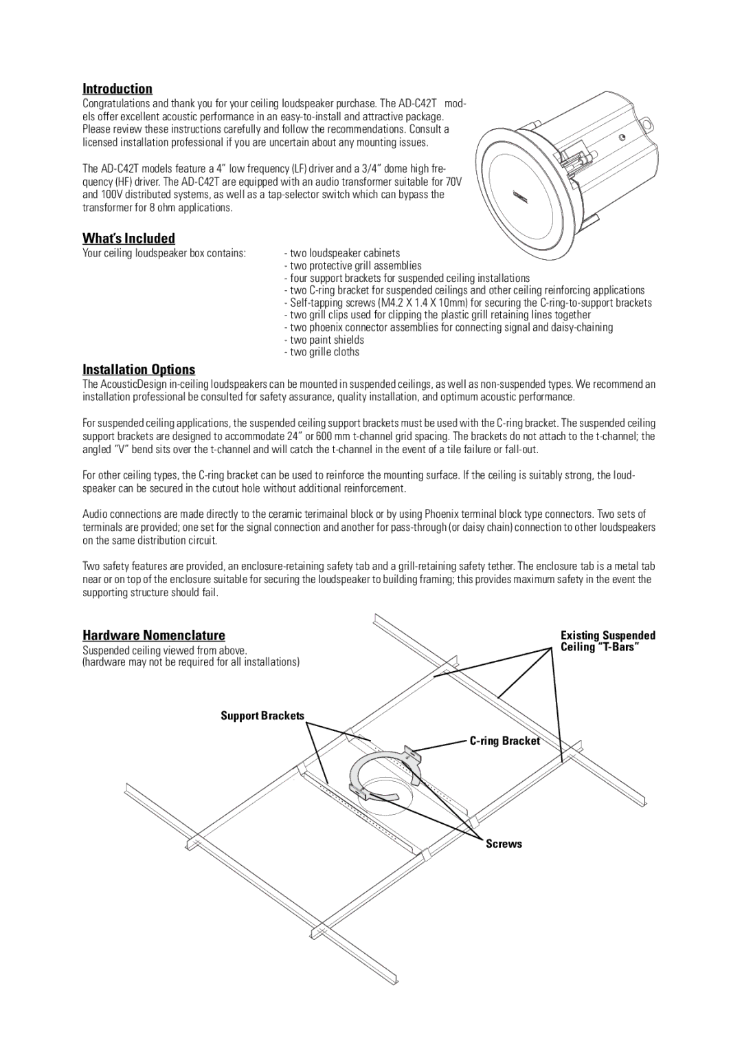 QSC Audio AD-C42T user manual Introduction, What’s Included, Installation Options, Hardware Nomenclature 