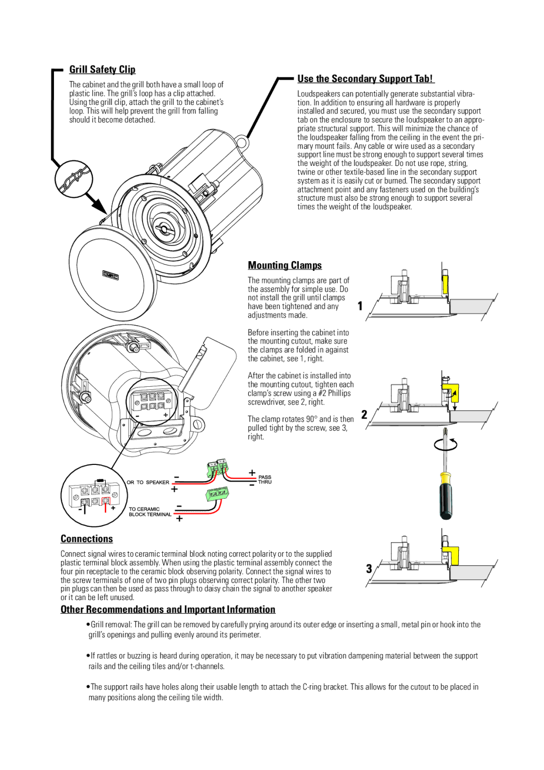 QSC Audio AD-C42T user manual Grill Safety Clip, Use the Secondary Support Tab, Mounting Clamps, Connections 