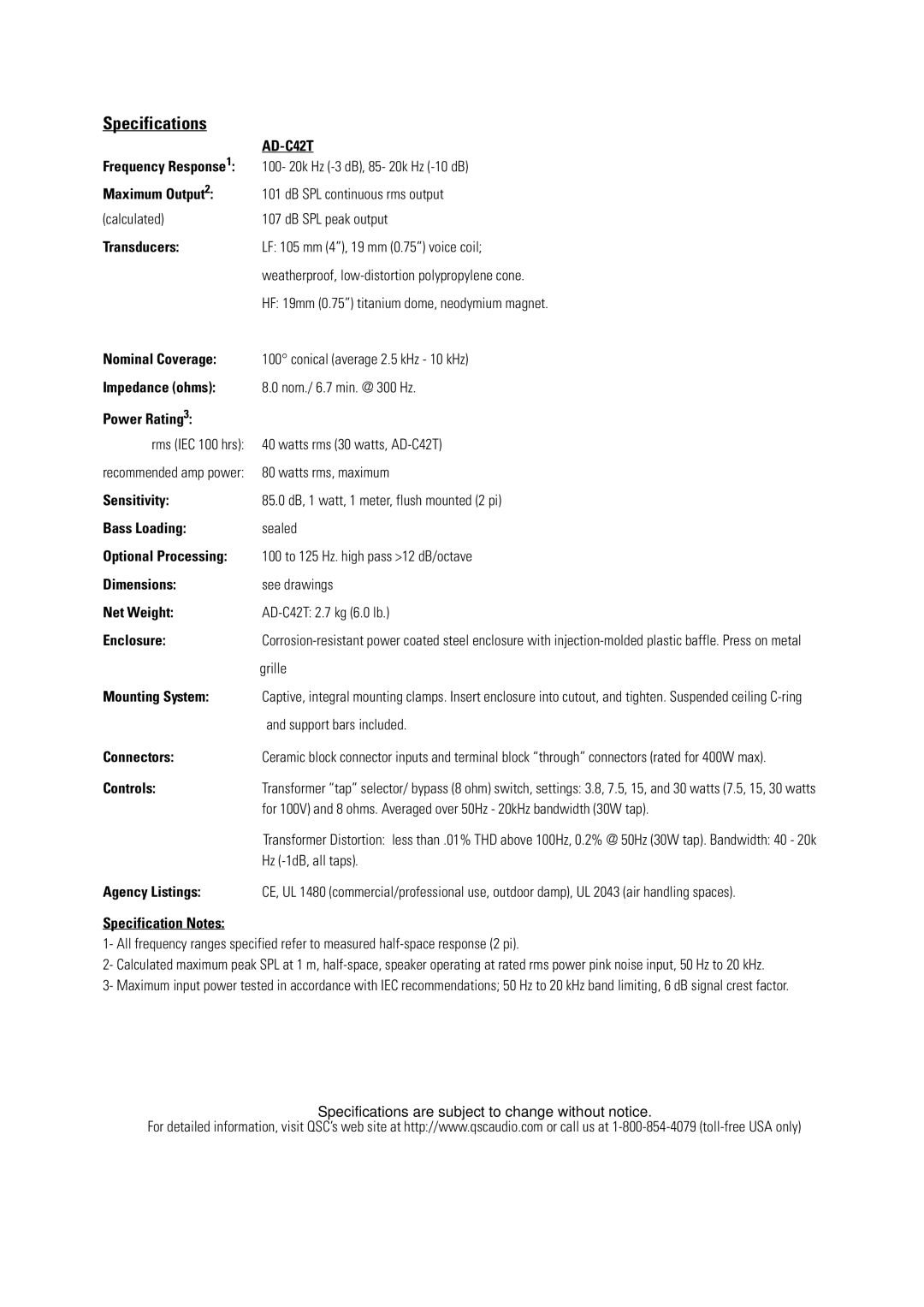 QSC Audio AD-C42T user manual Specifications 