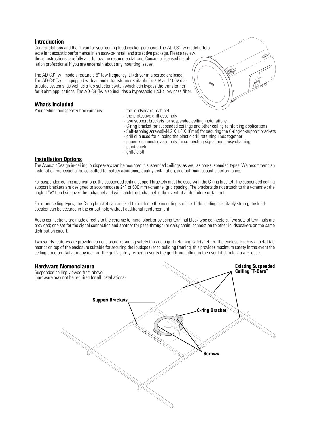 QSC Audio AD-C81Tw user manual Introduction, What’s Included, Installation Options, Hardware Nomenclature 