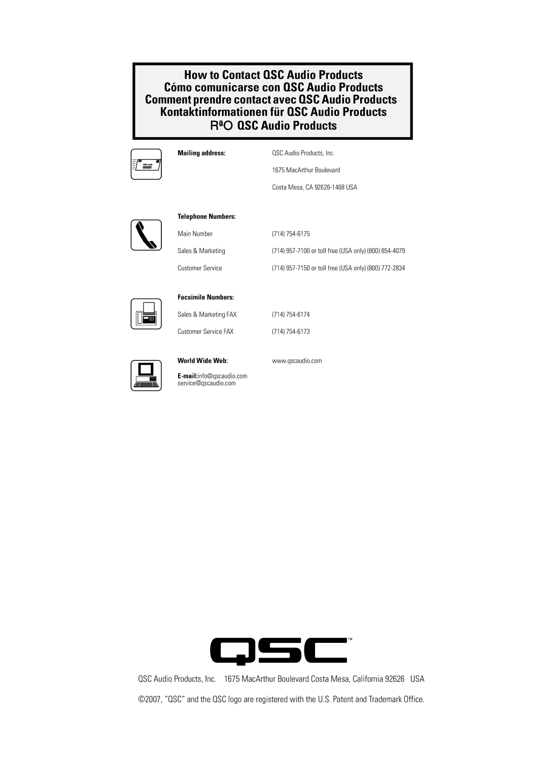 QSC Audio AD-C81Tw user manual Mailing address, Telephone Numbers, Facsimile Numbers, World Wide Web 