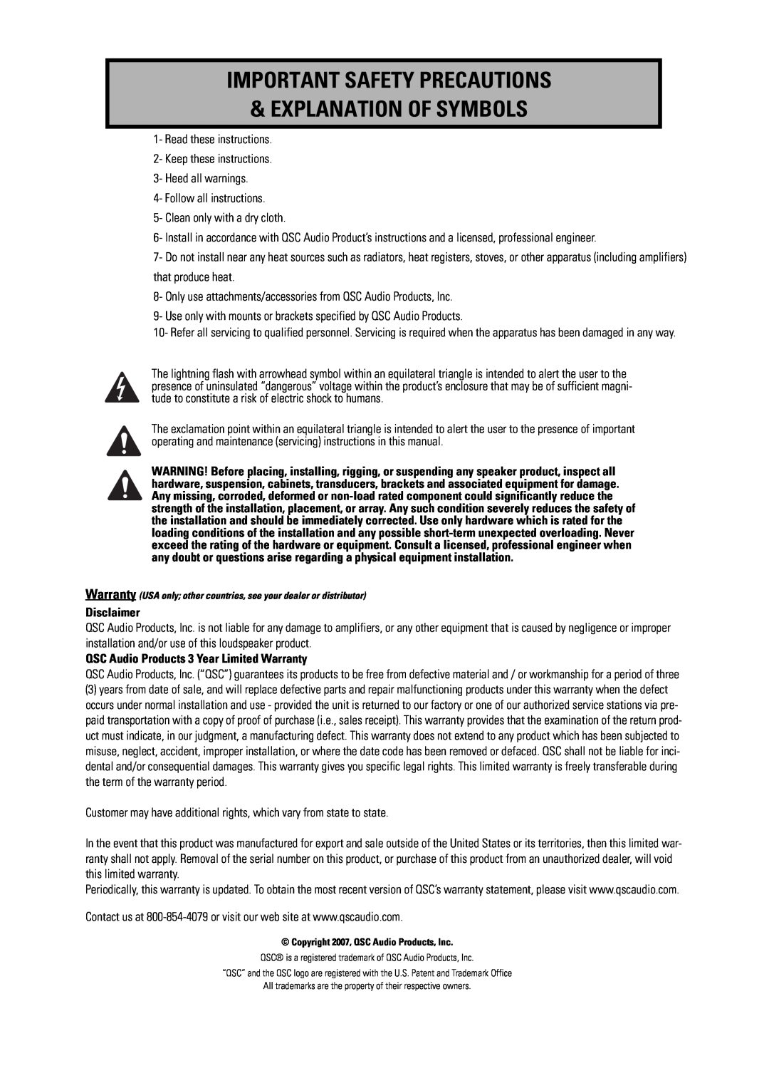 QSC Audio AD-C81Tw user manual Important Safety Precautions, Explanation Of Symbols, Disclaimer 