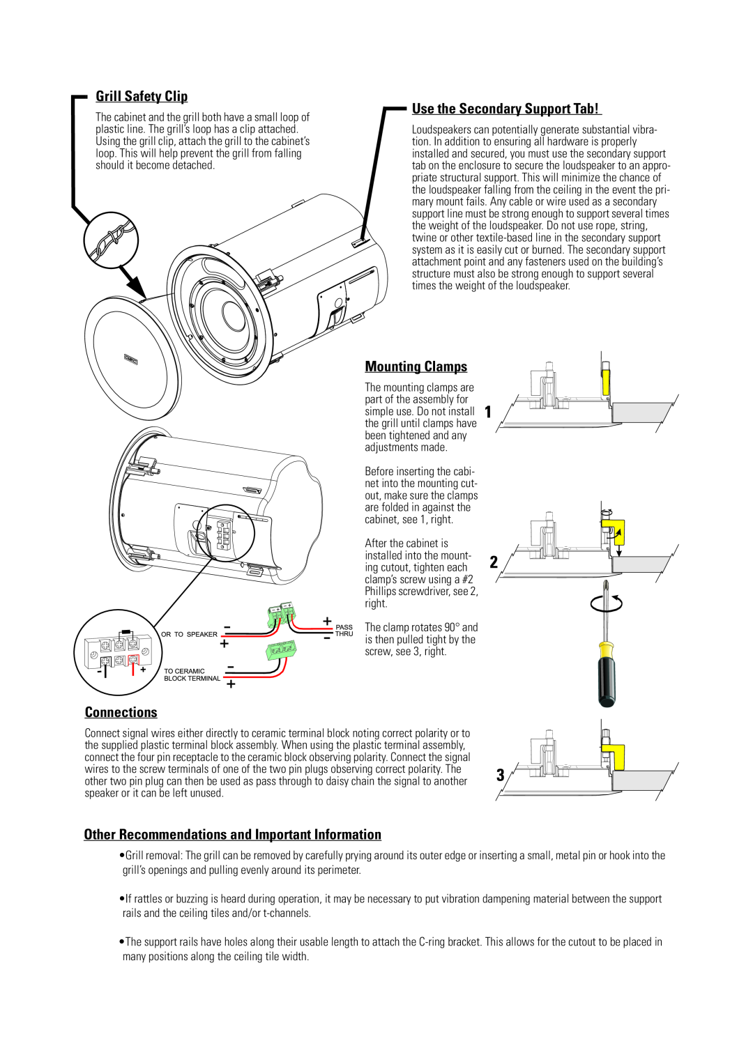 QSC Audio AD-C81Tw user manual Grill Safety Clip, Use the Secondary Support Tab, Mounting Clamps, Connections 