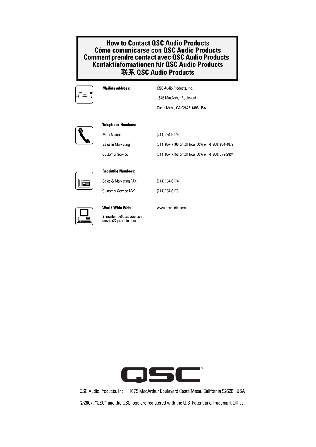 QSC Audio AD-C81Tw user manual How to Contact QSC Audio Products, 联系 QSC Audio Products, Mailing address, Telephone Numbers 