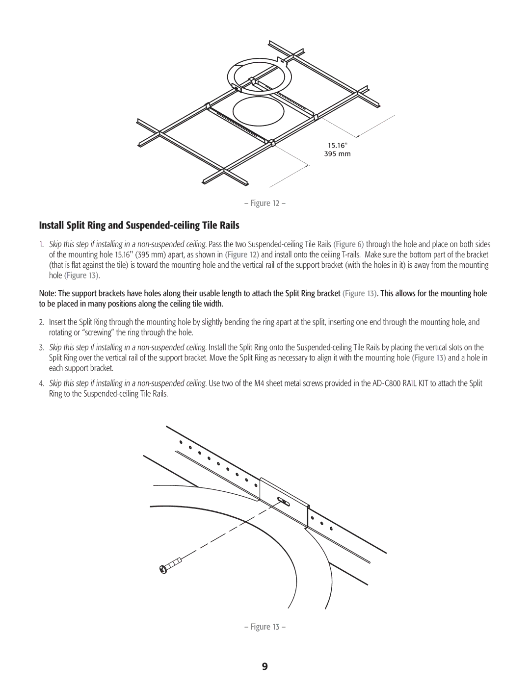 QSC Audio AD-C820, AD-C821, AD-C1200 user manual Install Split Ring and Suspended-ceiling Tile Rails 