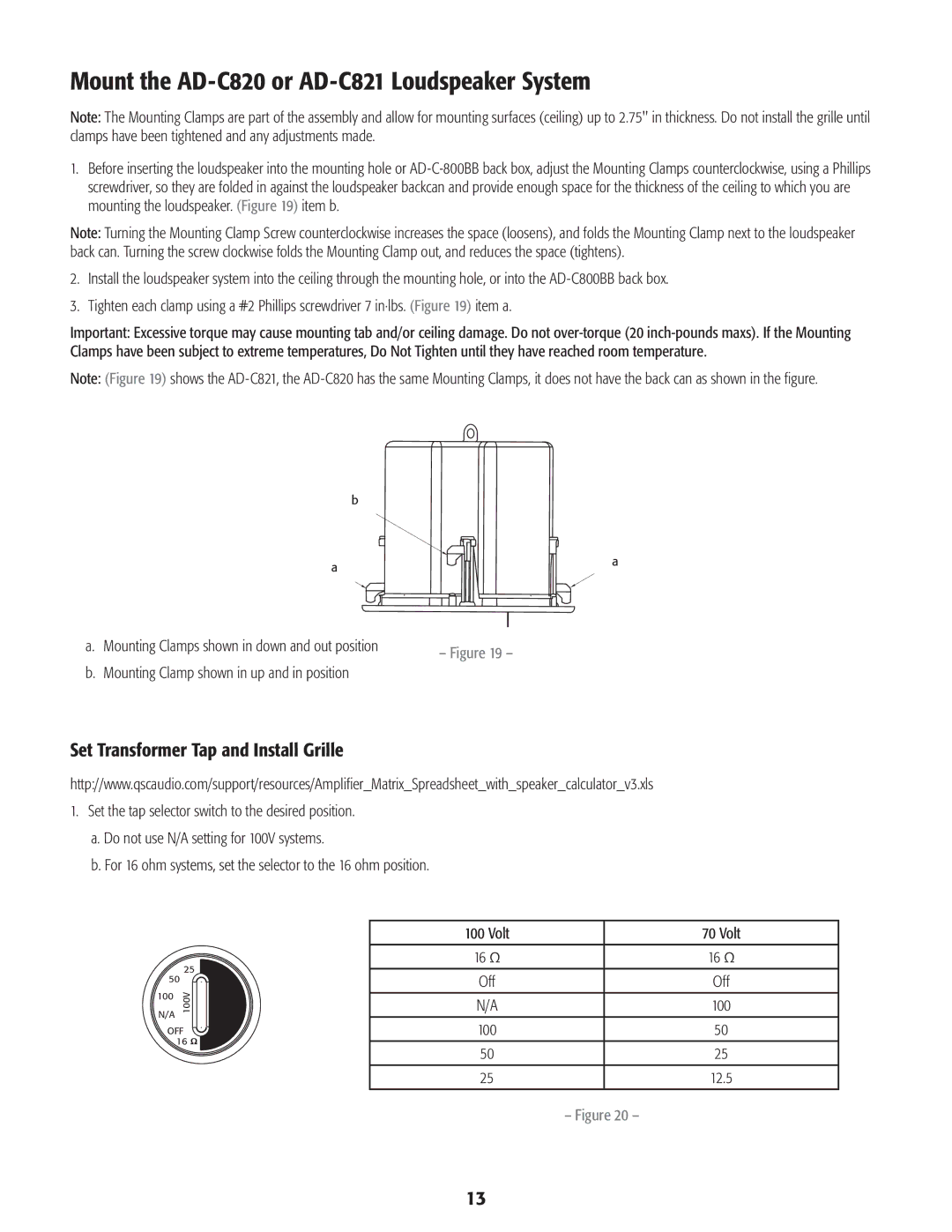 QSC Audio AD-C1200 user manual Mount the AD-C820 or AD-C821 Loudspeaker System, Set Transformer Tap and Install Grille 