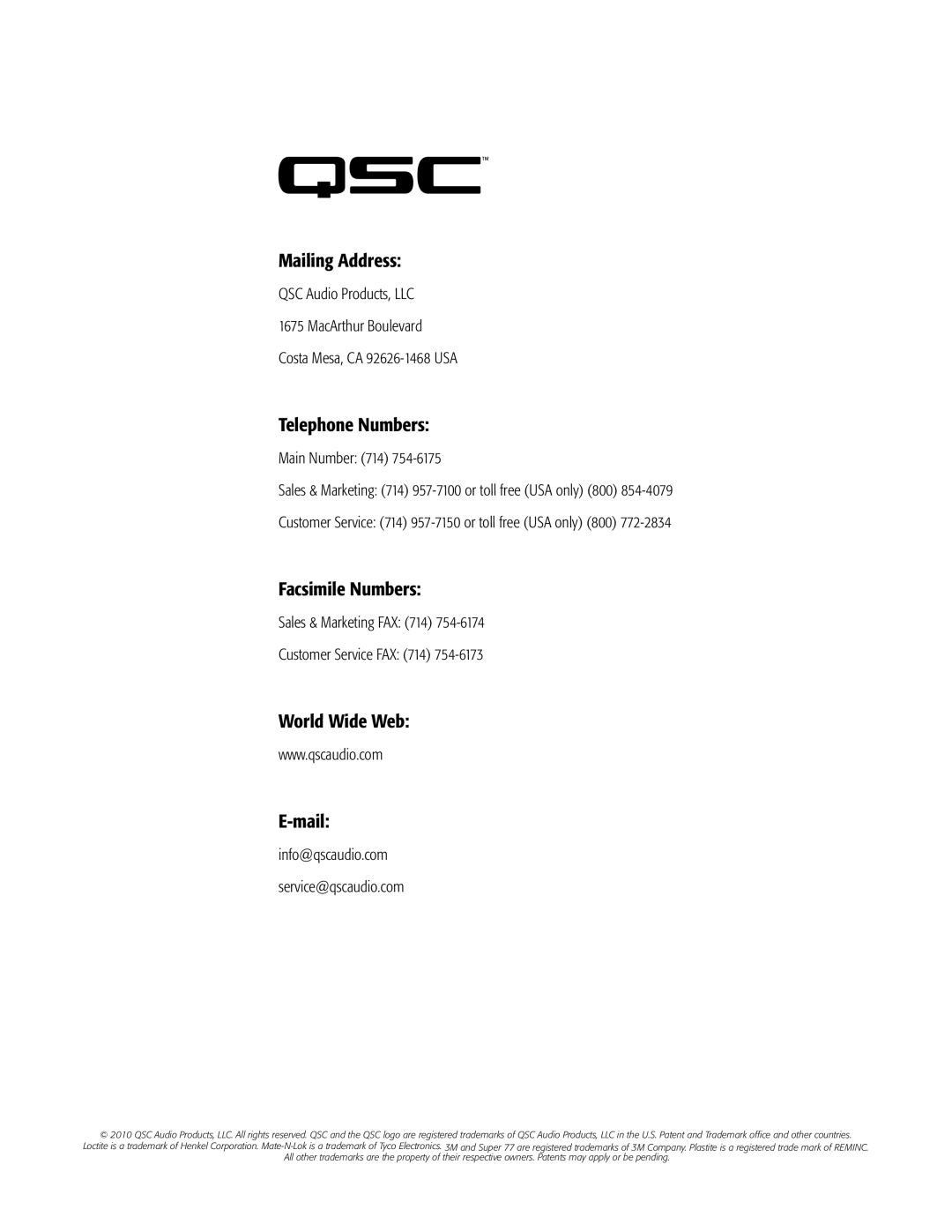 QSC Audio AD-C821, AD-C820, AD-C1200 user manual Mailing Address, Telephone Numbers, Facsimile Numbers, World Wide Web Mail 