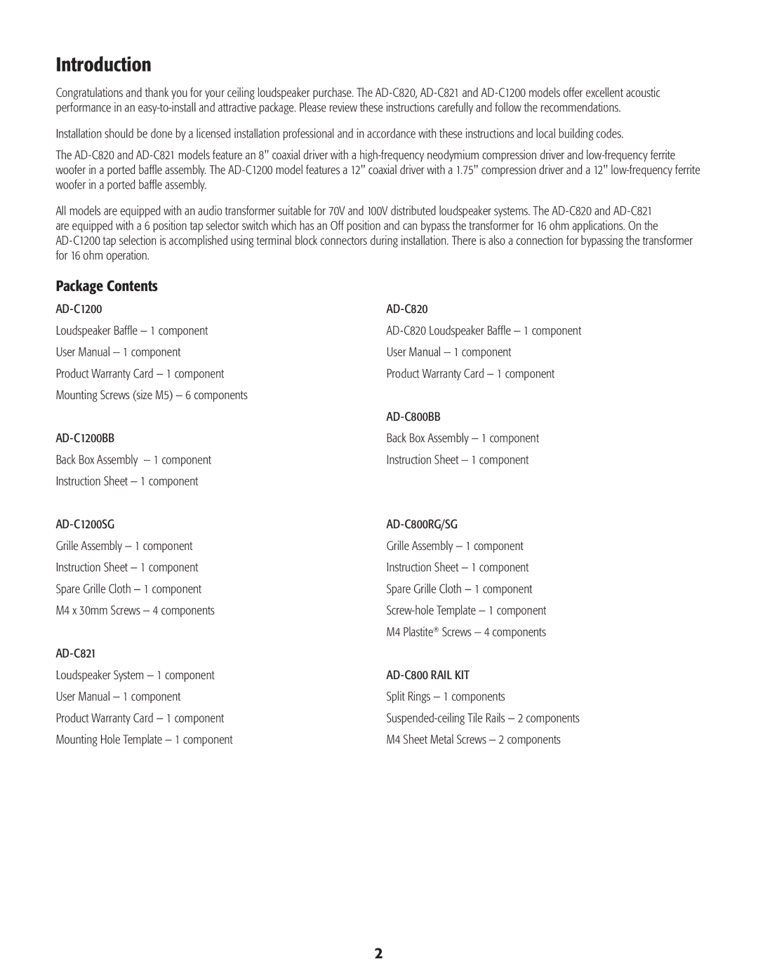 QSC Audio AD-C821, AD-C820, AD-C1200 user manual Introduction, Package Contents 