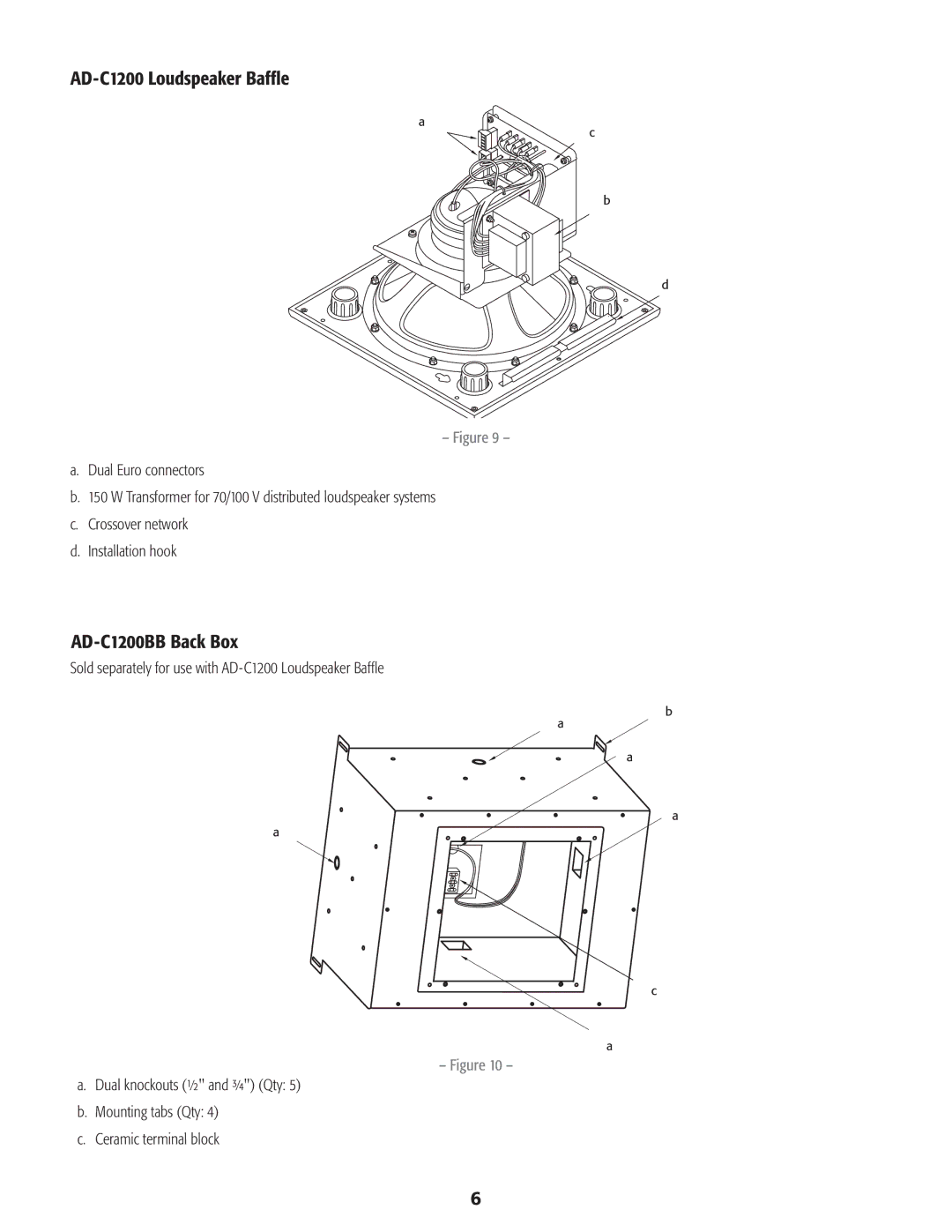 QSC Audio AD-C820, AD-C821 user manual AD-C1200 Loudspeaker Baffle, AD-C1200BB Back Box 