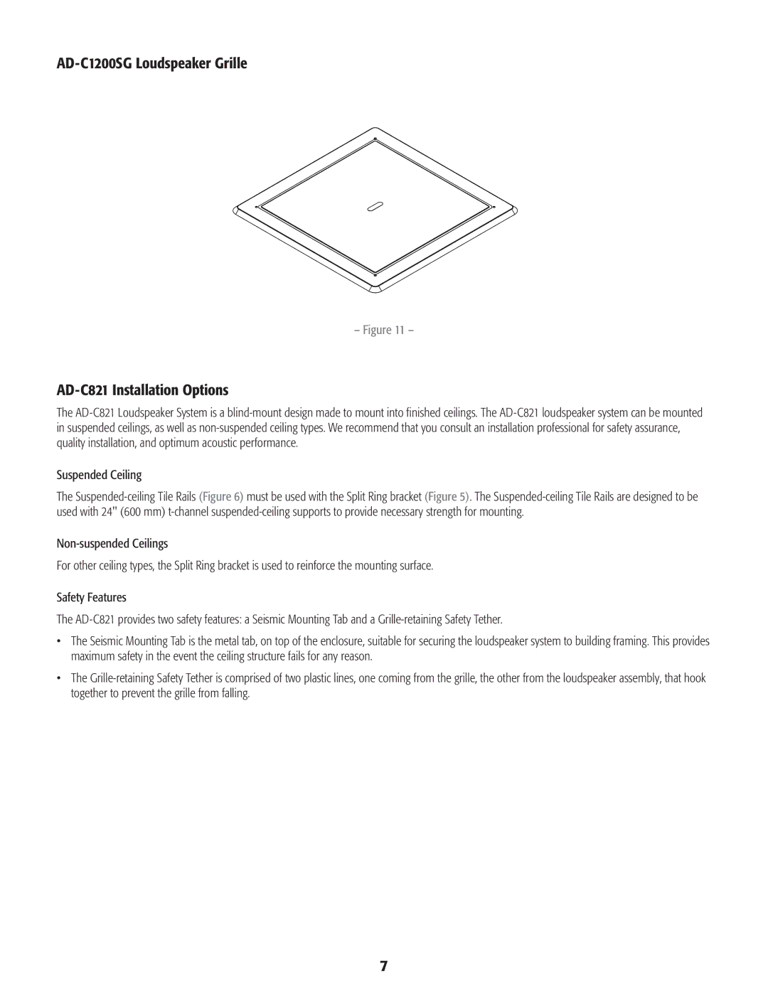 QSC Audio AD-C820 user manual AD-C1200SG Loudspeaker Grille AD-C821 Installation Options, Suspended Ceiling 