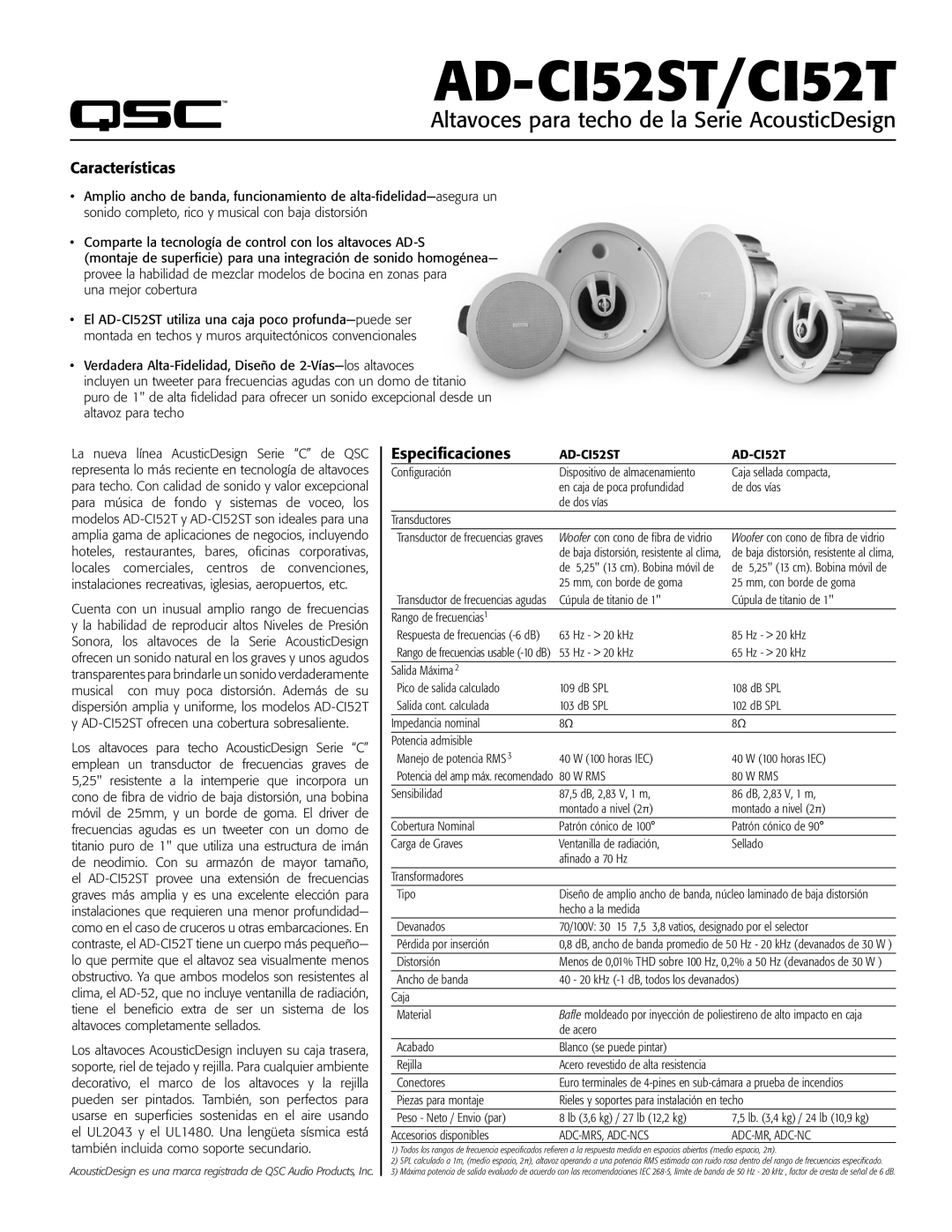 QSC Audio manual AD-CI52ST/CI52T, Altavoces para techo de la Serie AcousticDesign, Características, Especificaciones 