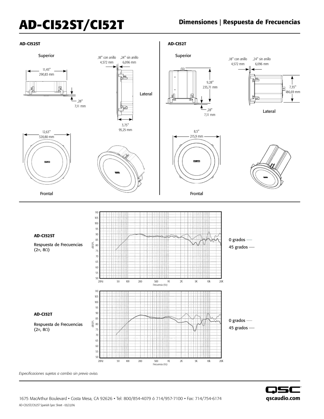 QSC Audio manual AD-CI52ST/CI52T, Dimensiones Respuesta de Frecuencias, Qscaudio.com 