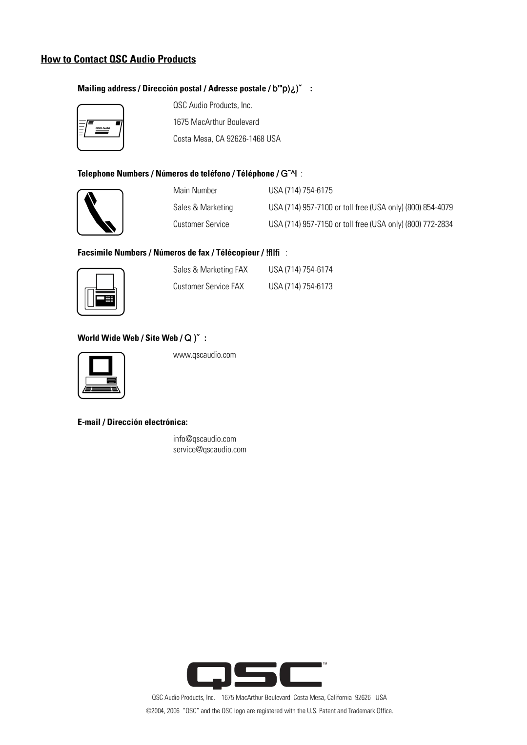 QSC Audio I-282H, AD-S282H How to Contact QSC Audio Products, Mailing address / Dirección postal / Adresse postale / 通信地址 