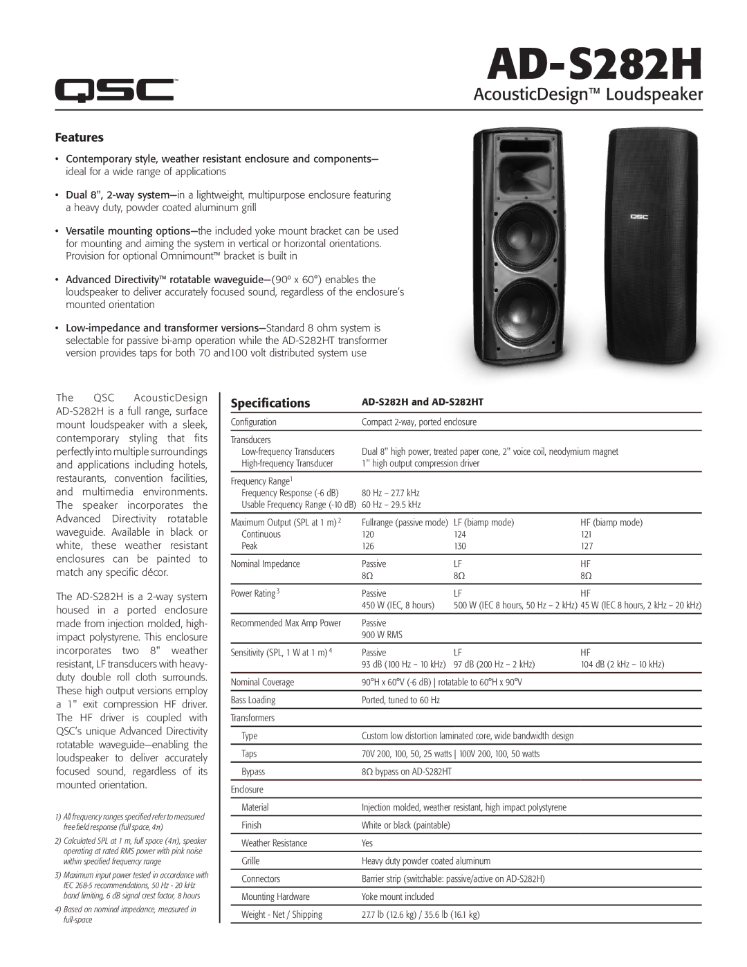 QSC Audio AD-S282H specifications AcousticDesign Loudspeaker, Features, Specifications 