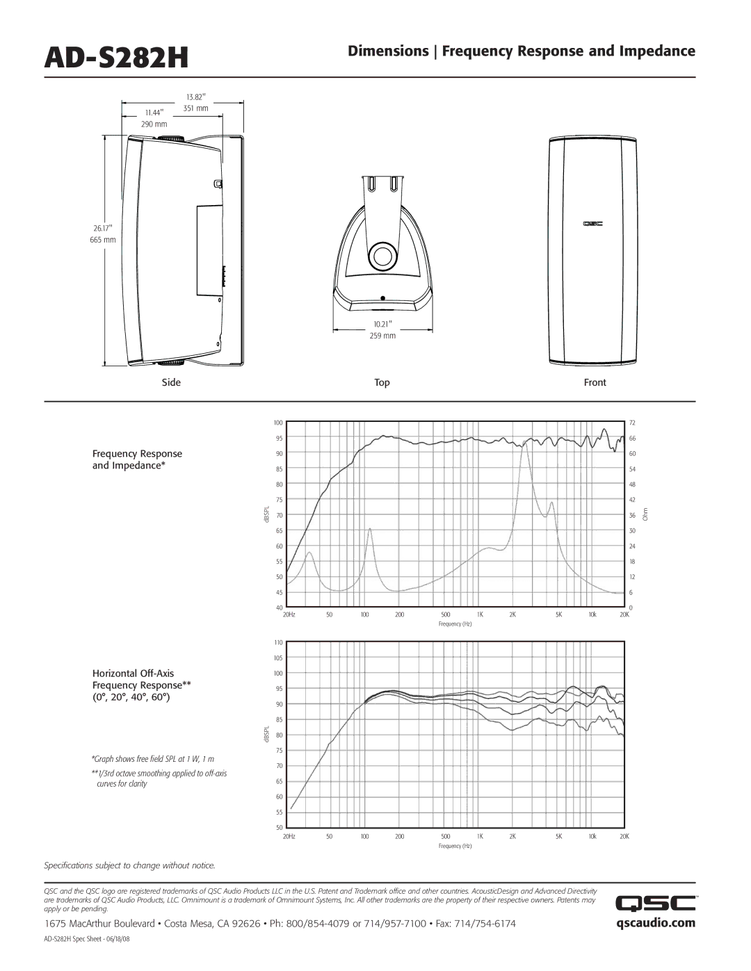 QSC Audio AD-S282H specifications Dimensions Frequency Response and Impedance, Qscaudio.com 