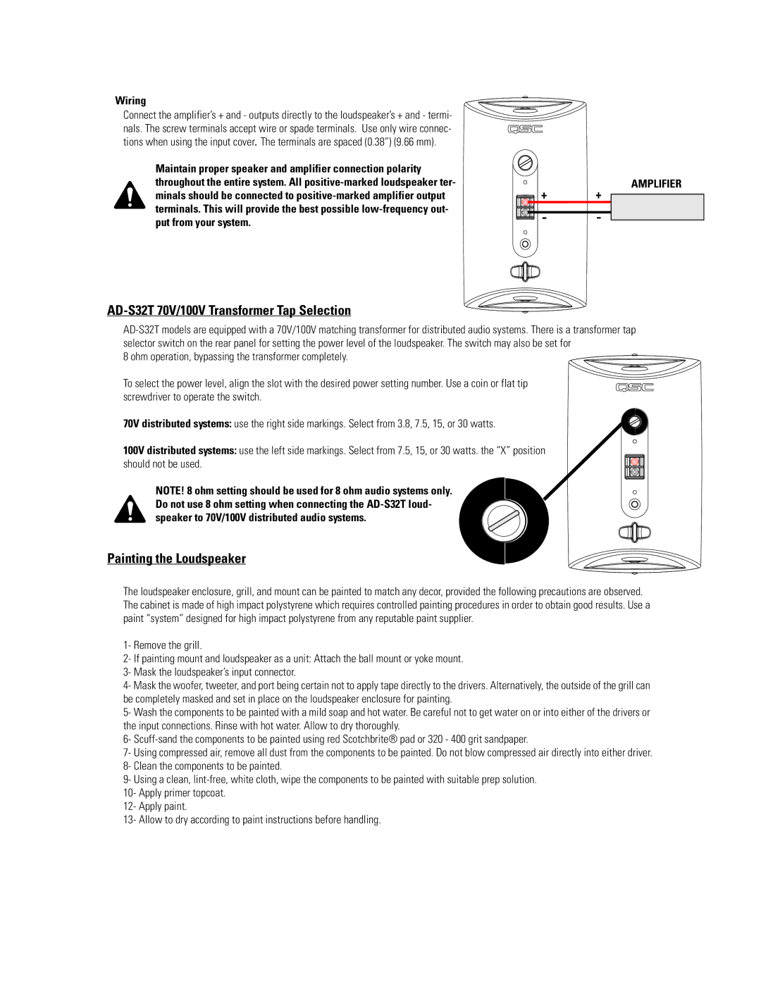 QSC Audio manual AD-S32T 70V/100V Transformer Tap Selection, Painting the Loudspeaker, Wiring 