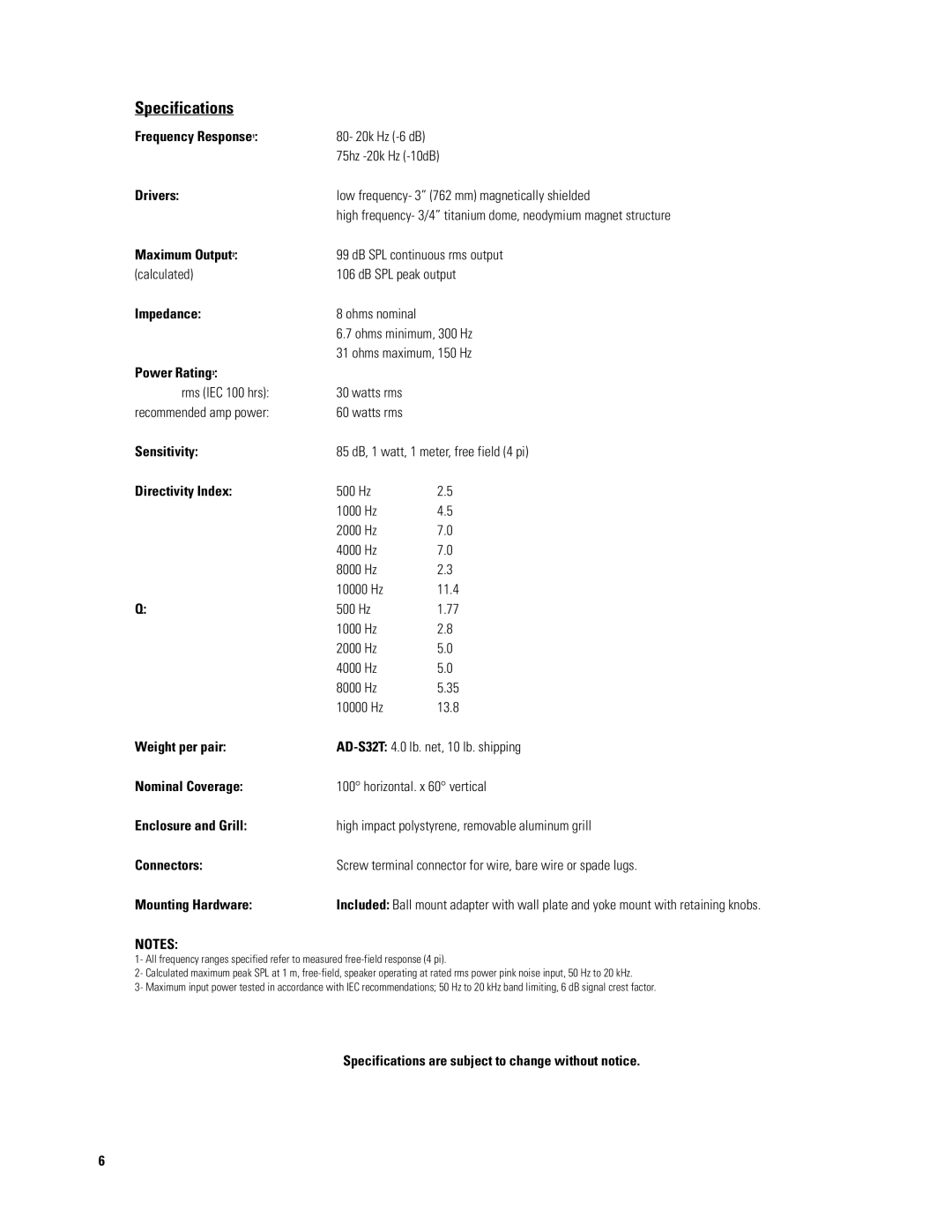 QSC Audio AD-S32T manual Specifications 