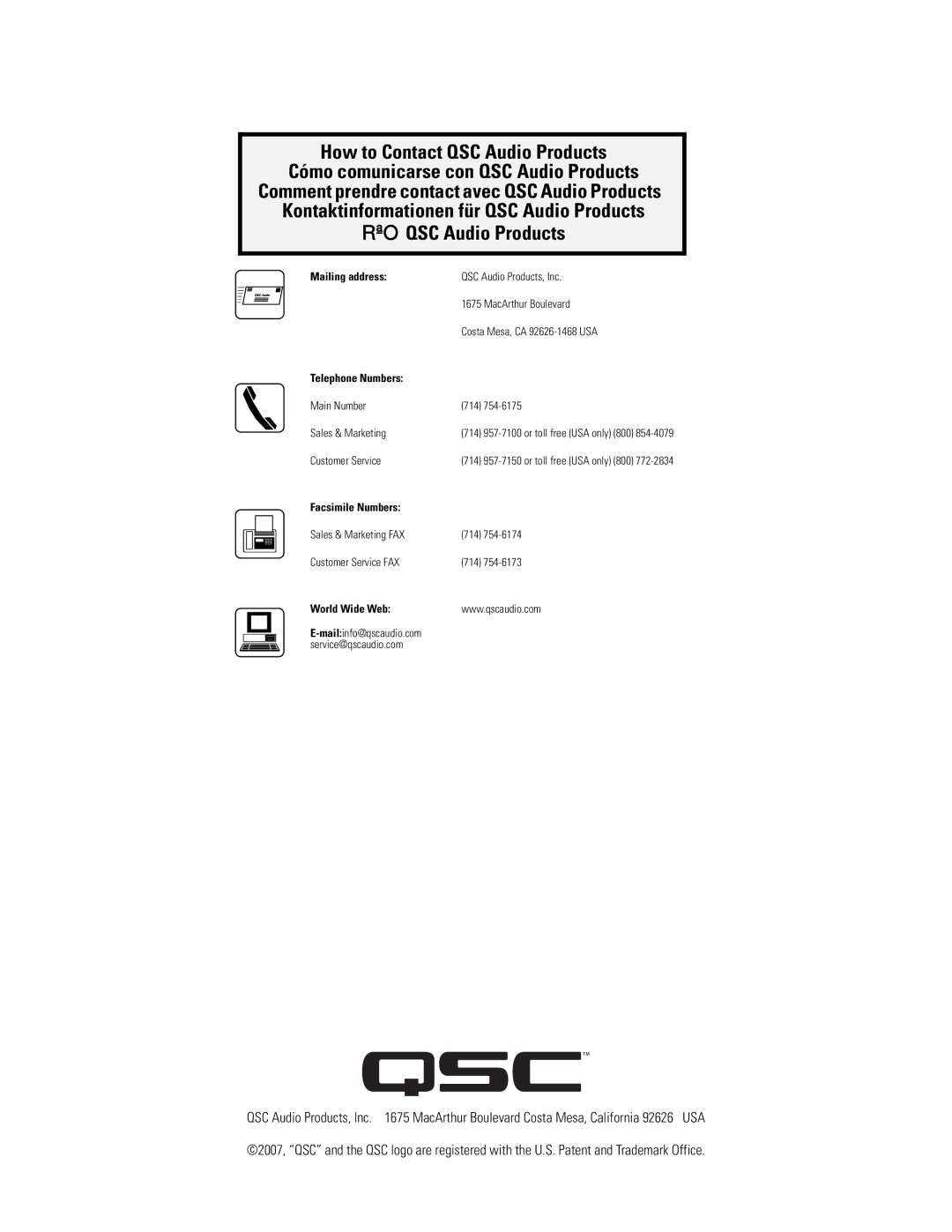 QSC Audio AD-S32T manual How to Contact QSC Audio Products 