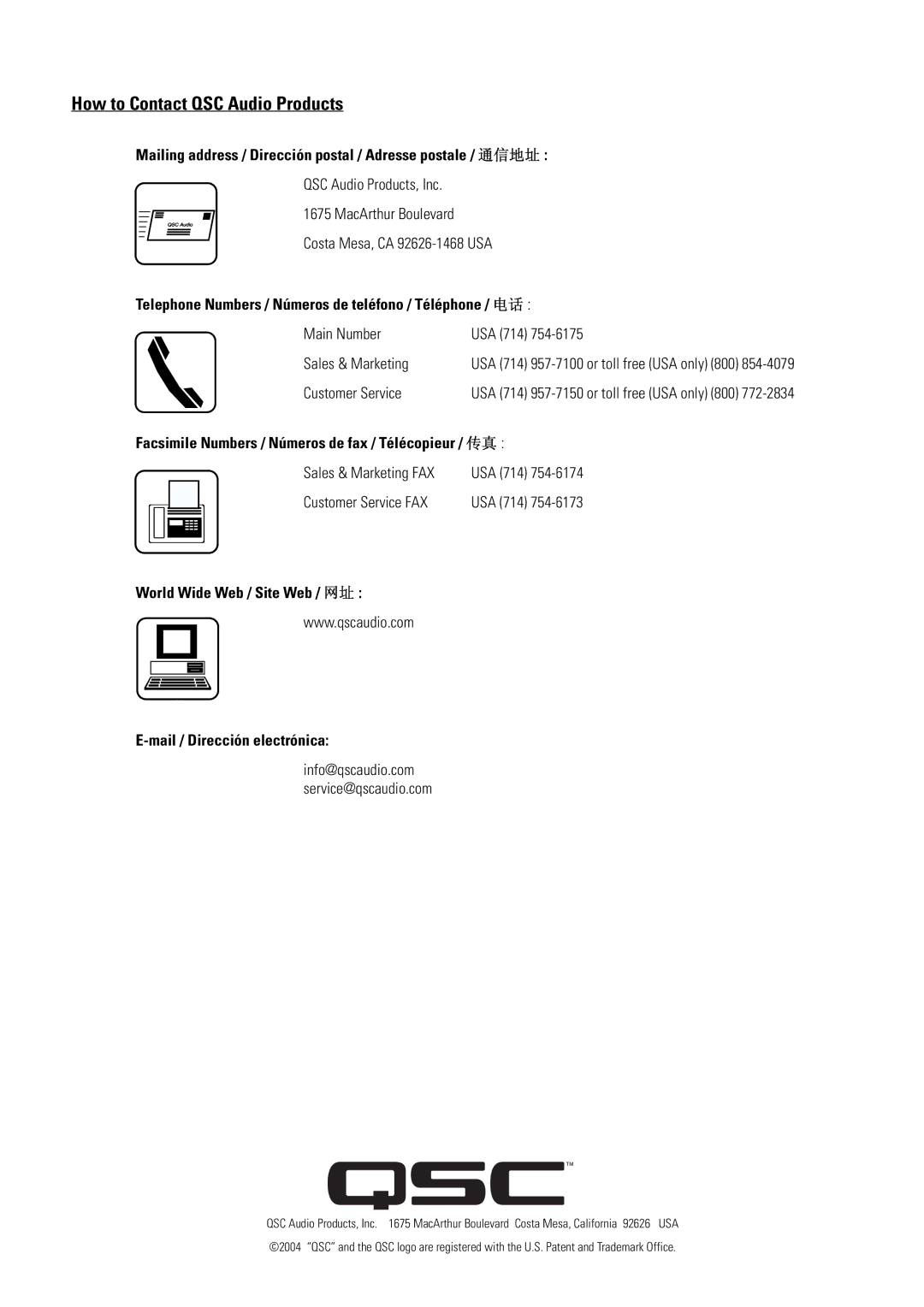 QSC Audio AD-S52T manual How to Contact QSC Audio Products, Mailing address / Dirección postal / Adresse postale / 通信地址 