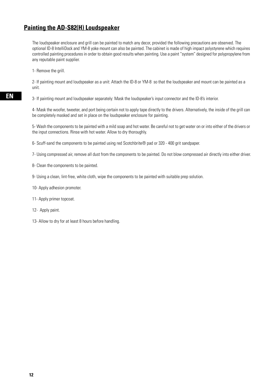 QSC Audio user manual Painting the AD-S82H Loudspeaker 