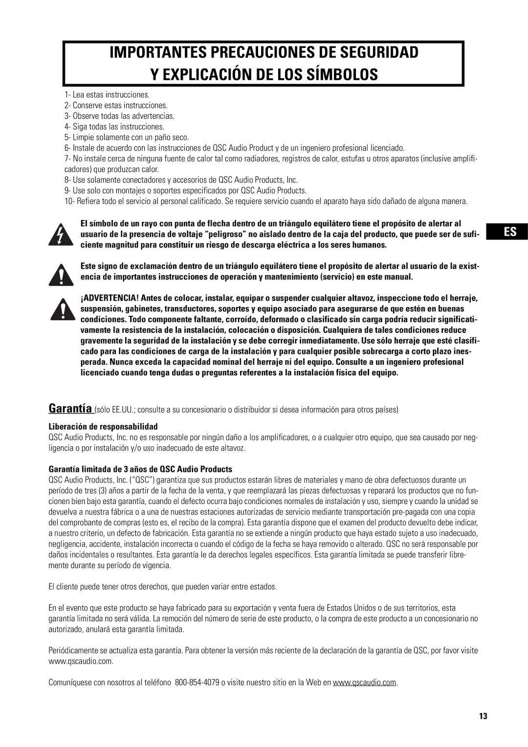 QSC Audio AD-S82H user manual Liberación de responsabilidad 