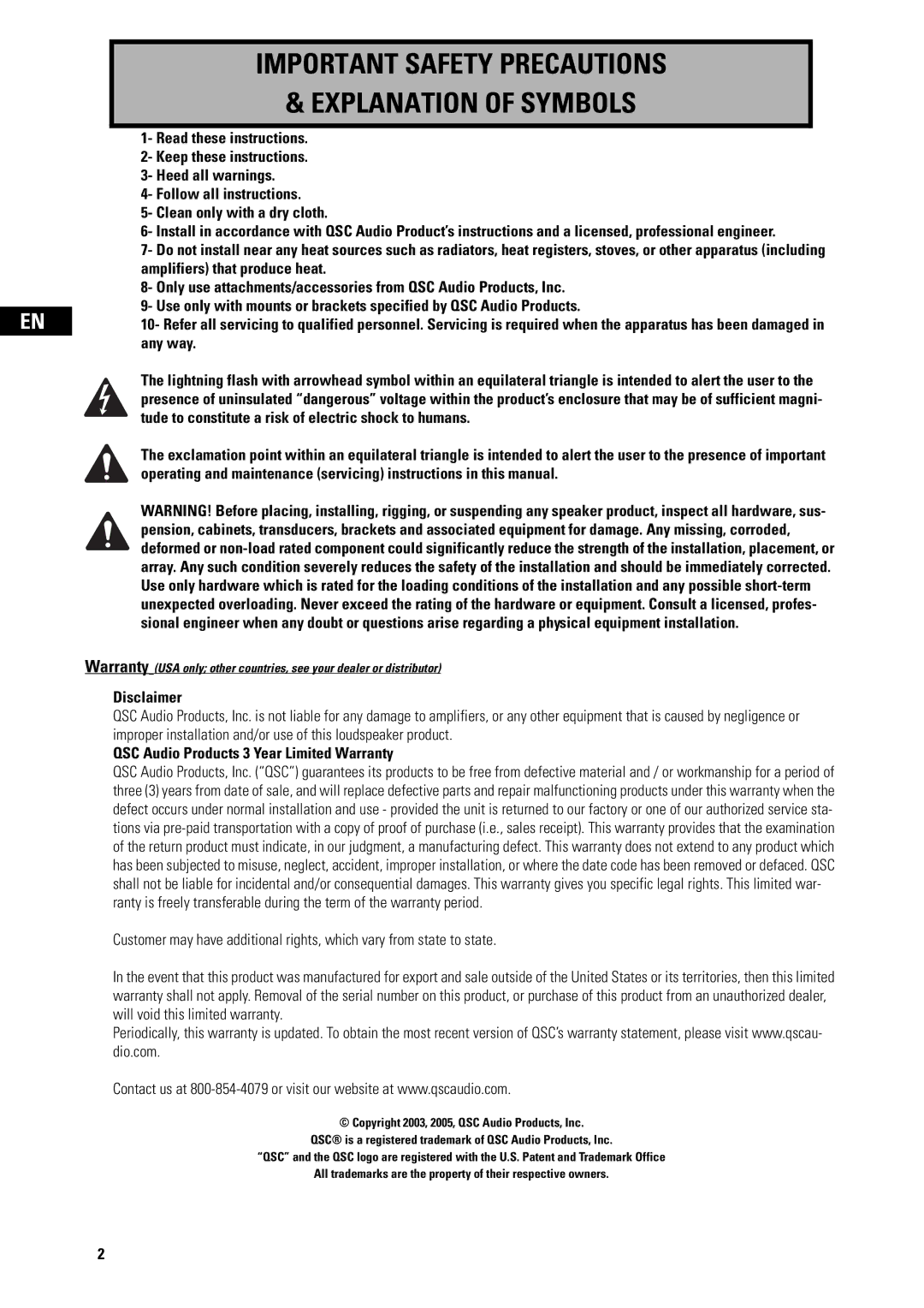 QSC Audio AD-S82H user manual Important Safety Precautions Explanation of Symbols 