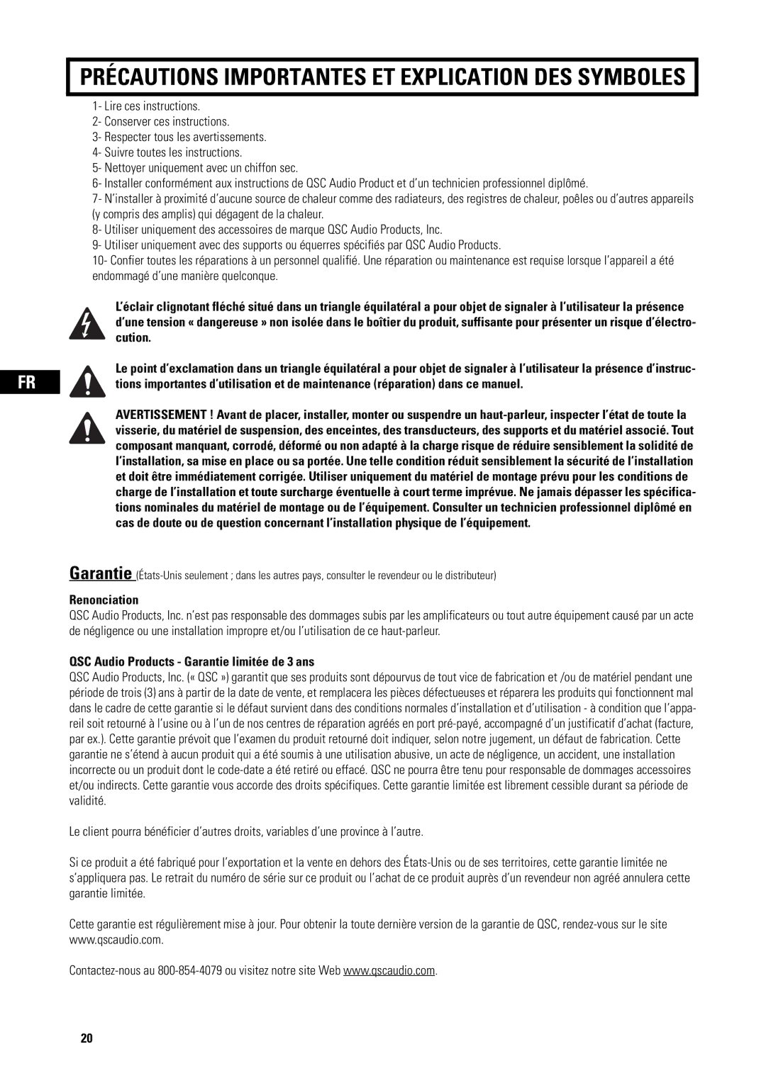 QSC Audio AD-S82H user manual Précautions Importantes ET Explication DES Symboles 