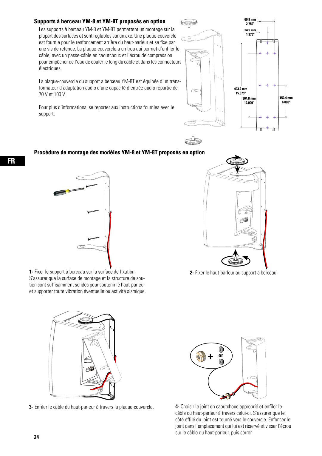 QSC Audio AD-S82H Supports à berceau YM-8 et YM-8T proposés en option, Fixer le haut-parleur au support à berceau 