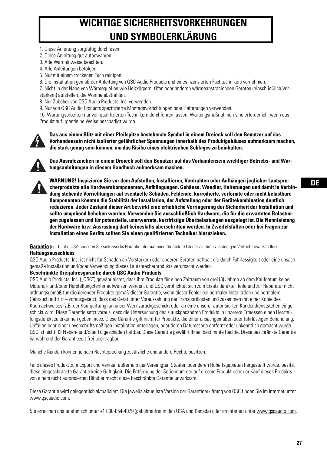 QSC Audio AD-S82H user manual Wichtige Sicherheitsvorkehrungen UND Symbolerklärung 