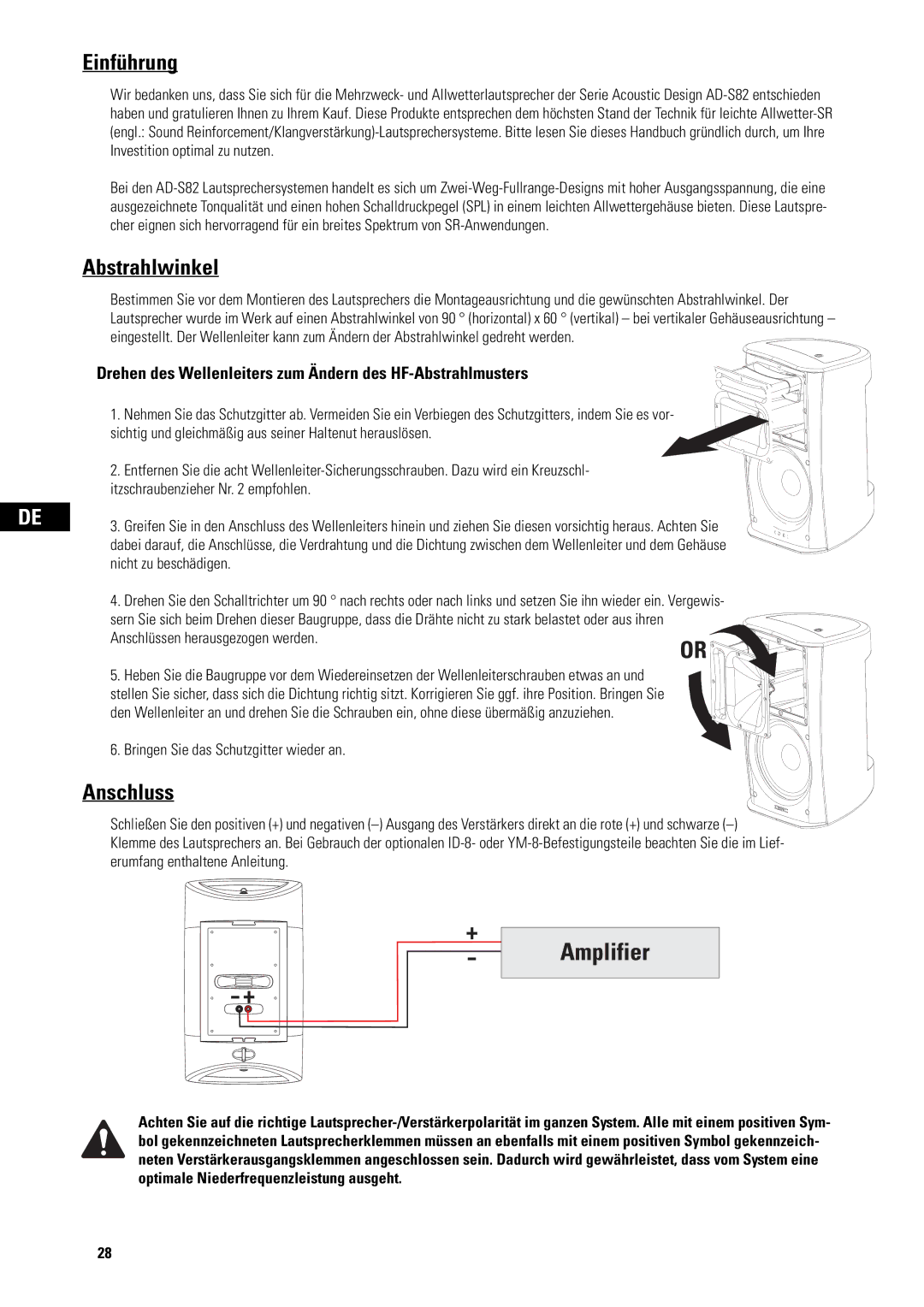 QSC Audio AD-S82 Einführung, Abstrahlwinkel, Anschluss, Drehen des Wellenleiters zum Ändern des HF-Abstrahlmusters 