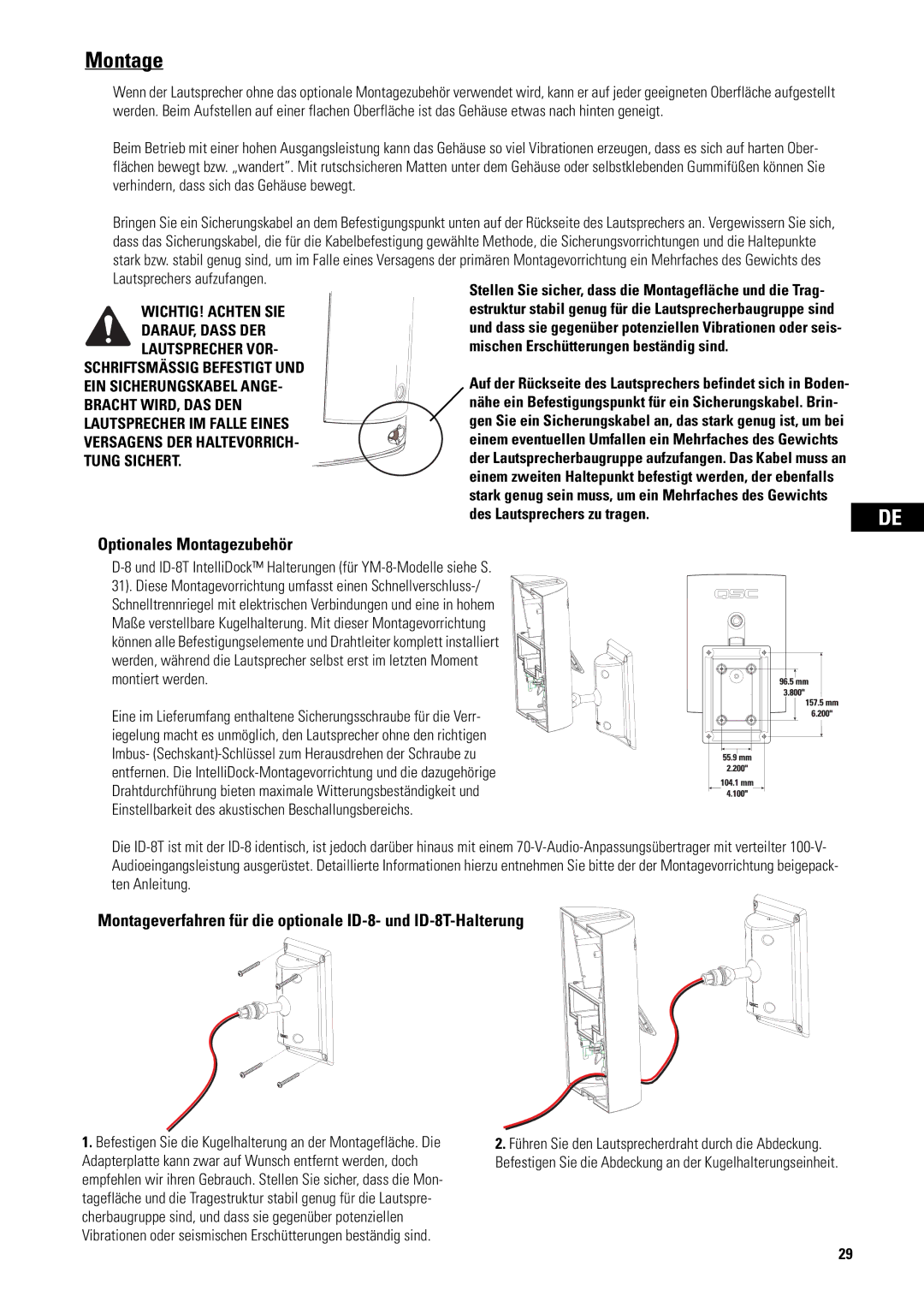 QSC Audio AD-S82H user manual Optionales Montagezubehör, Montageverfahren für die optionale ID-8- und ID-8T-Halterung 