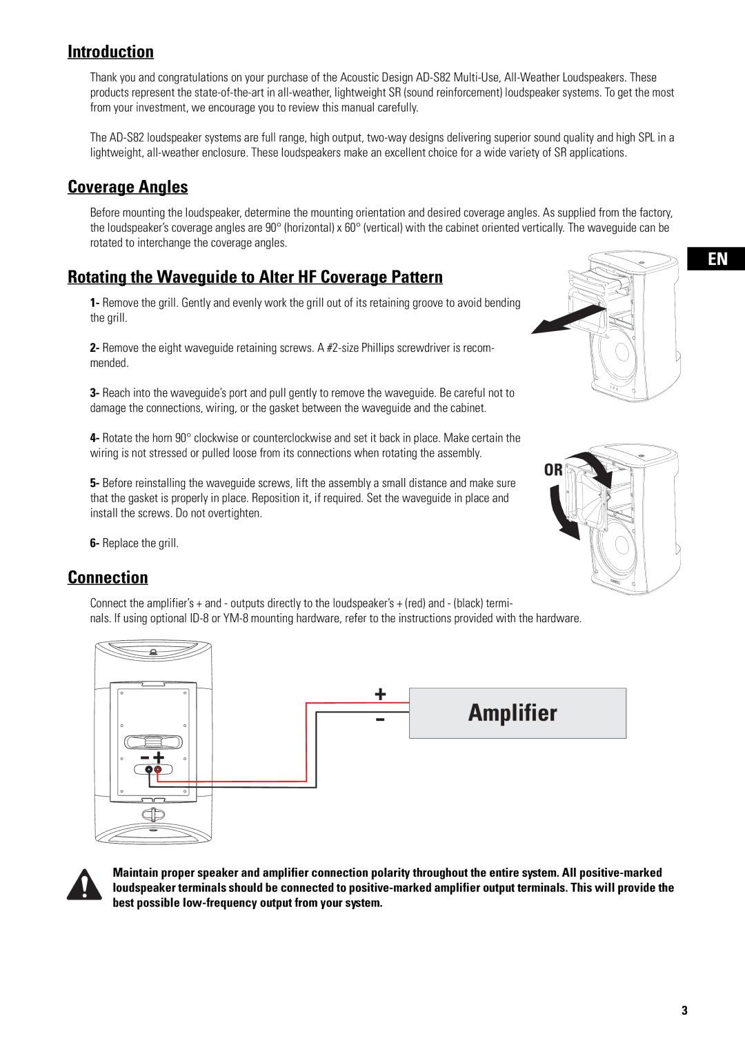 QSC Audio AD-S82H Introduction, Coverage Angles, Rotating the Waveguide to Alter HF Coverage Pattern, Connection 