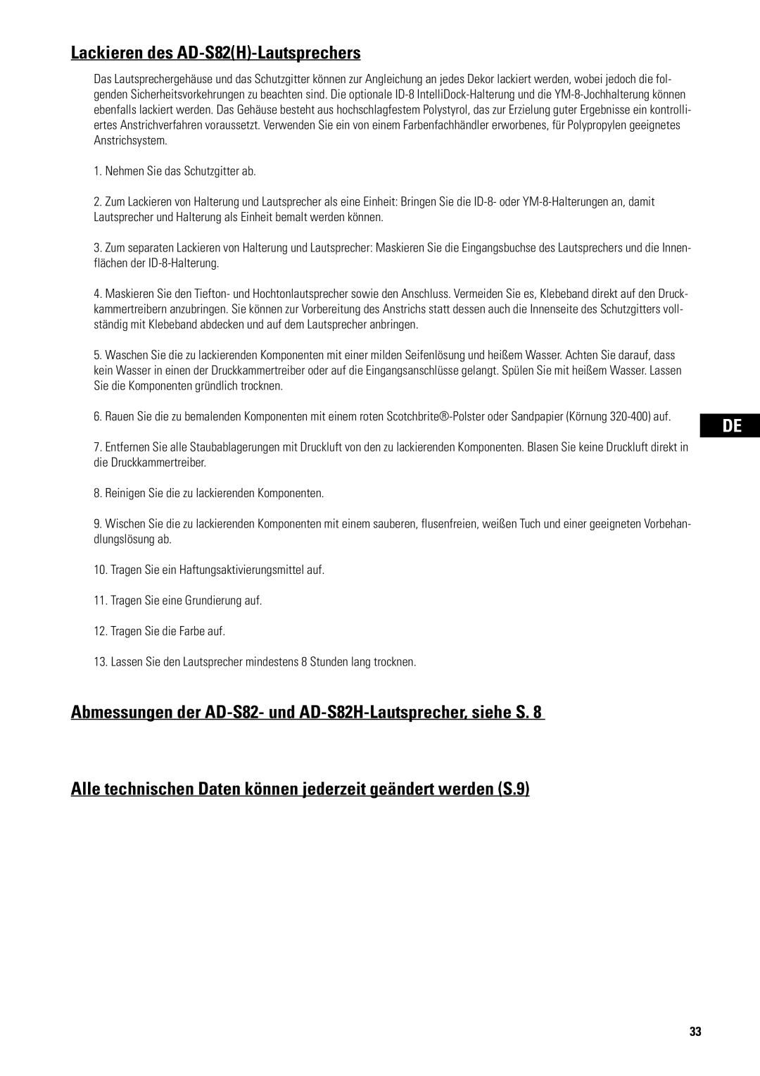 QSC Audio user manual Lackieren des AD-S82H-Lautsprechers 