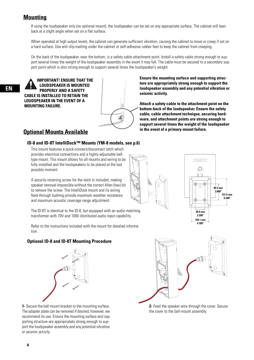 QSC Audio AD-S82H Mounting, Optional Mounts Available, ID-8 and ID-8T IntelliDock Mounts YM-8 models, see p.6 