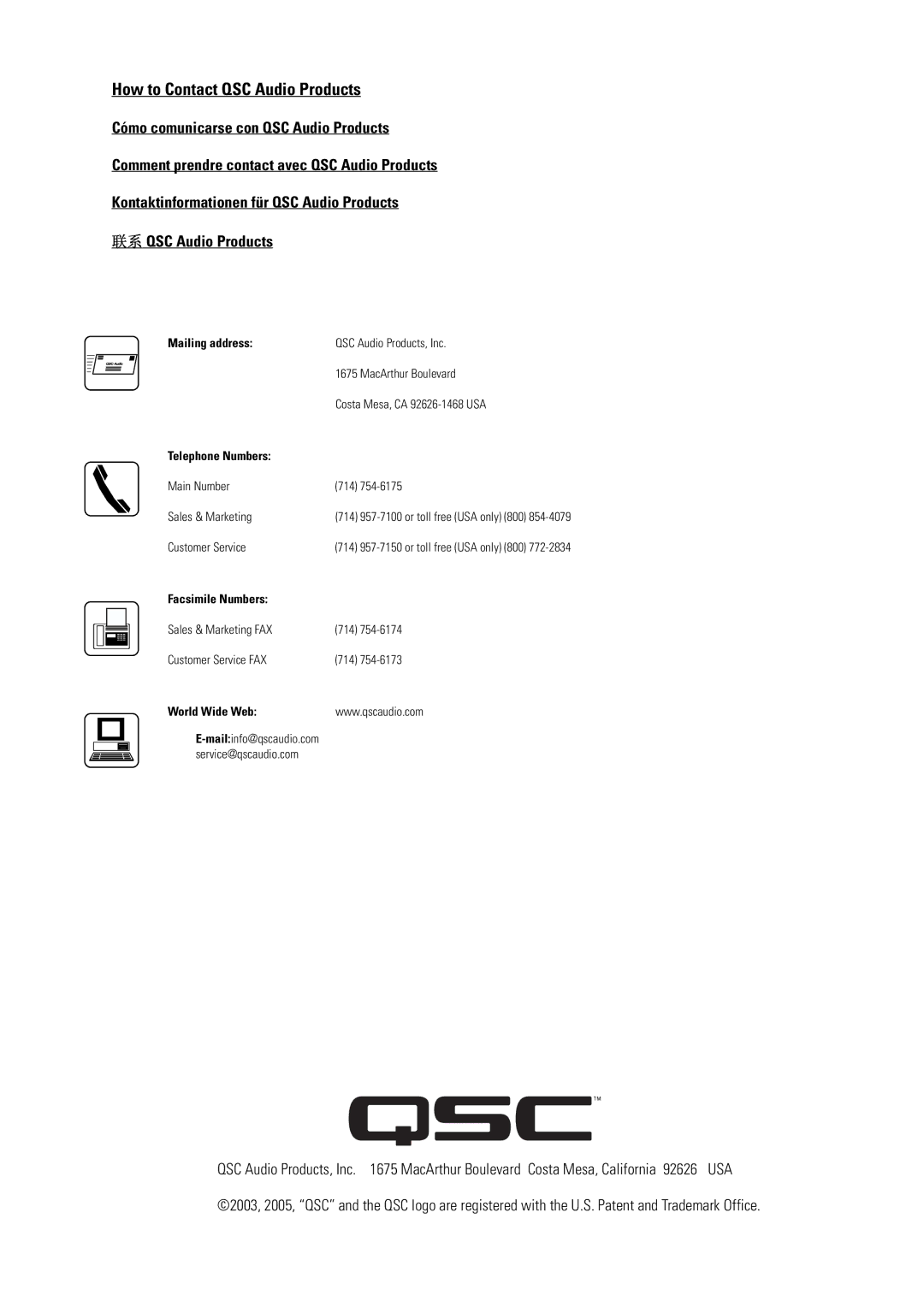 QSC Audio AD-S82H user manual How to Contact QSC Audio Products, Telephone Numbers 