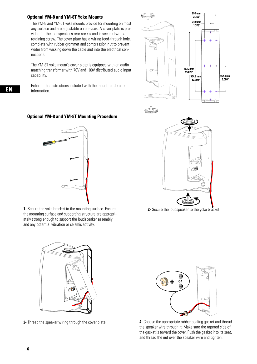 QSC Audio AD-S82H user manual Optional YM-8 and YM-8T Yoke Mounts, Optional YM-8 and YM-8T Mounting Procedure 