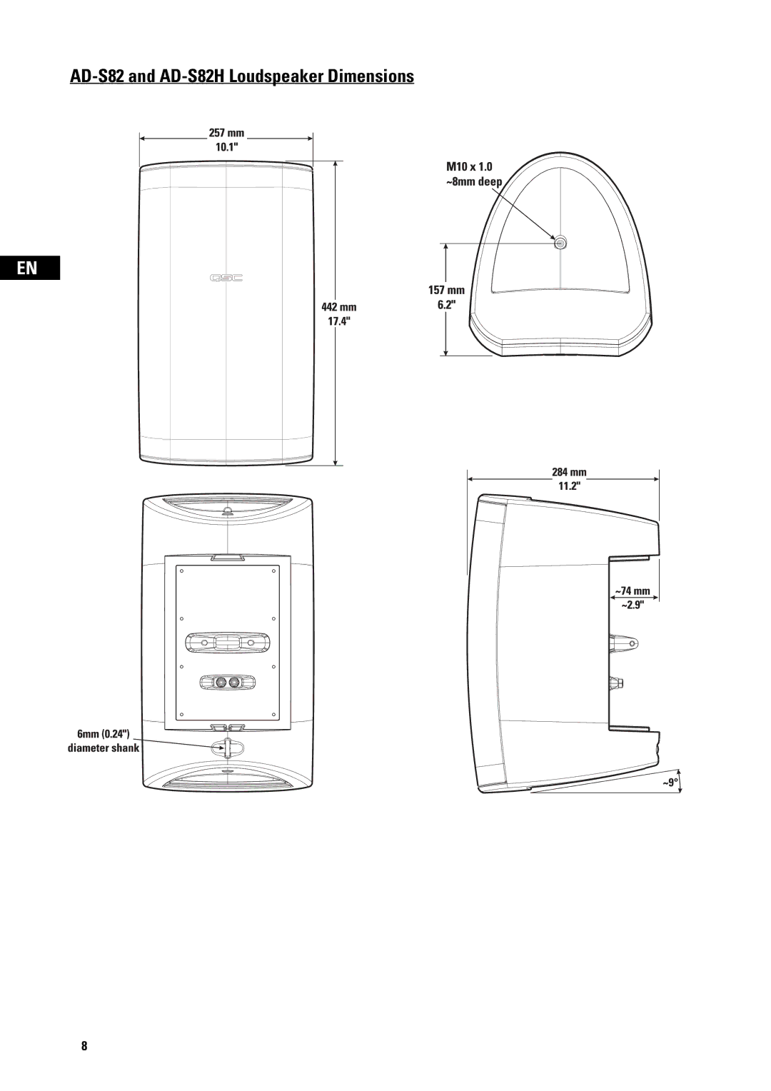 QSC Audio user manual AD-S82 and AD-S82H Loudspeaker Dimensions 