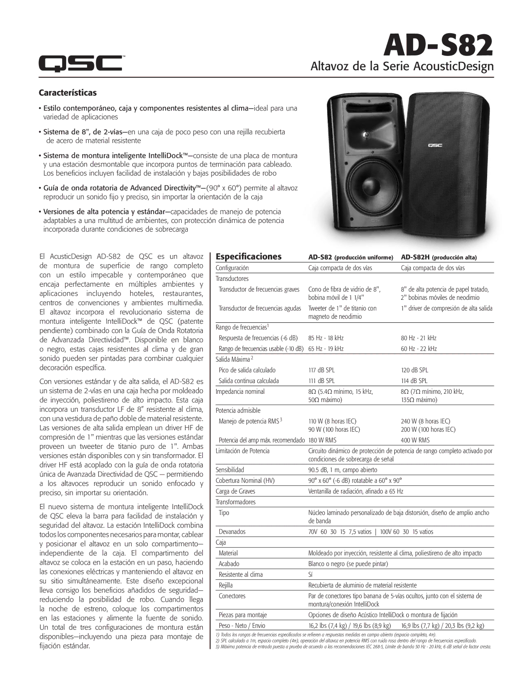 QSC Audio AD-S82 manual Características, Especificaciones 