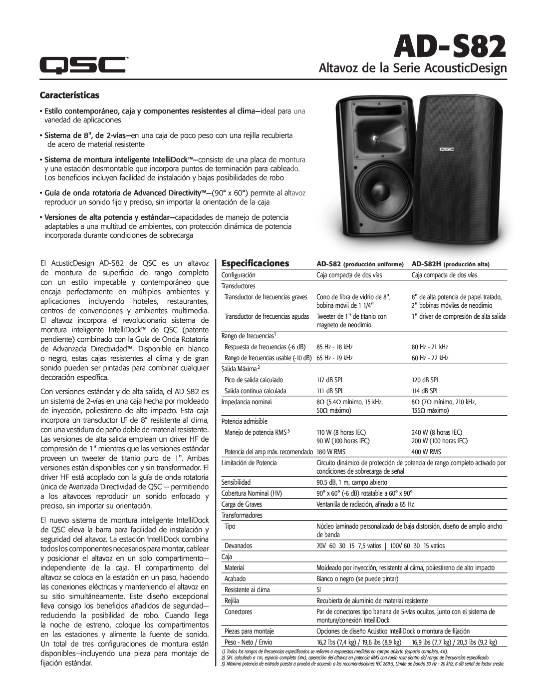 QSC Audio AD-S82 manual Características, Especificaciones, Altavoz de la Serie AcousticDesign 
