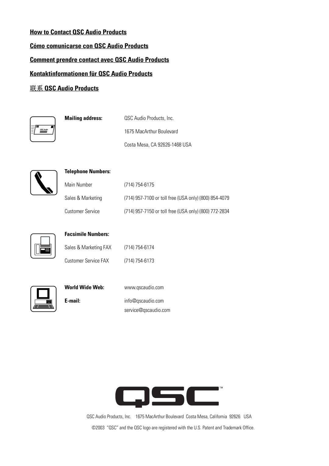 QSC Audio ADS52 user manual Mailing address, Facsimile Numbers, World Wide Web Mail 