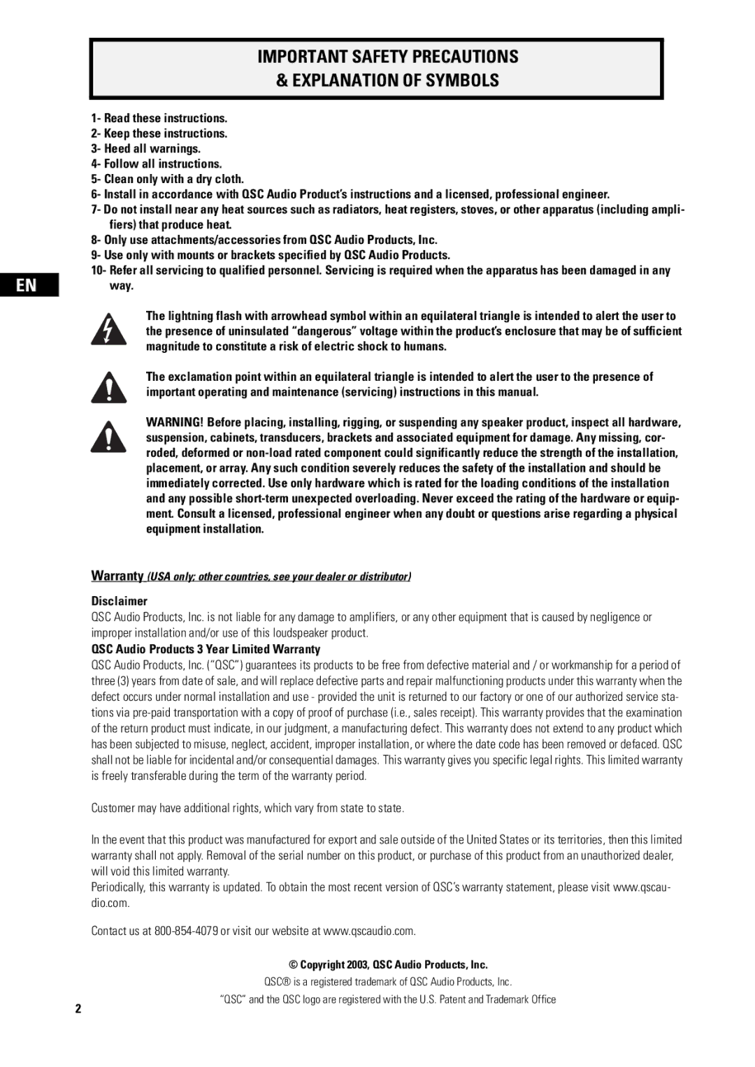 QSC Audio ADS52 user manual Disclaimer, QSC Audio Products 3 Year Limited Warranty 