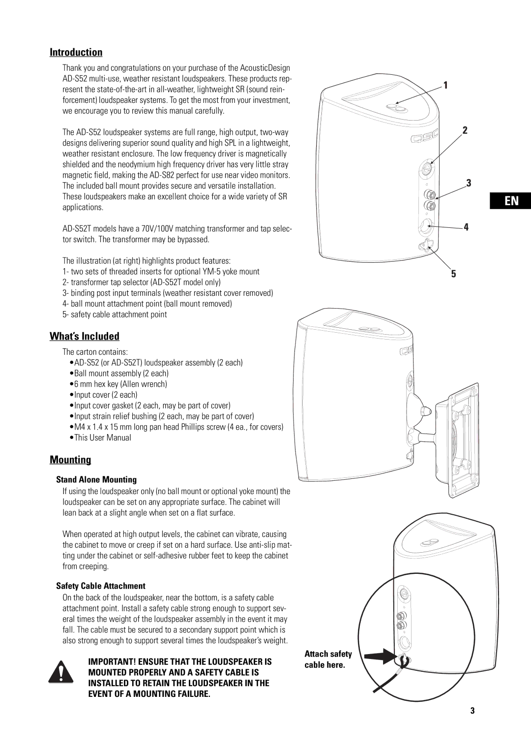 QSC Audio ADS52 user manual Introduction, What’s Included, Stand Alone Mounting, Safety Cable Attachment 