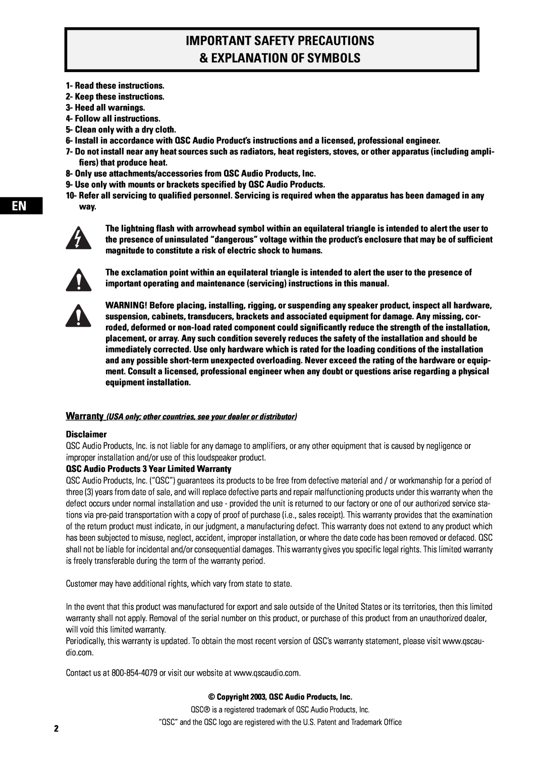 QSC Audio ADS52 user manual Important Safety Precautions, Explanation Of Symbols 