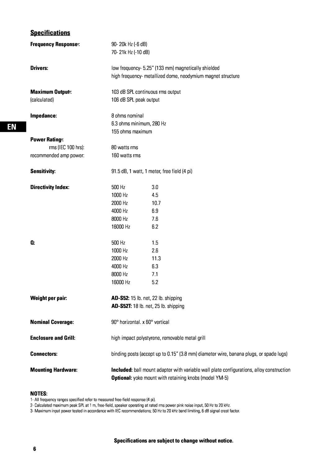 QSC Audio ADS52 user manual Specifications 
