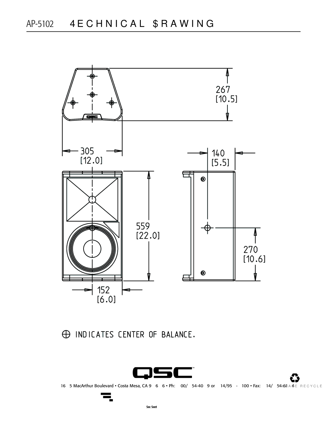 QSC Audio manual AP-5102 Technical Drawing, Please recycle 