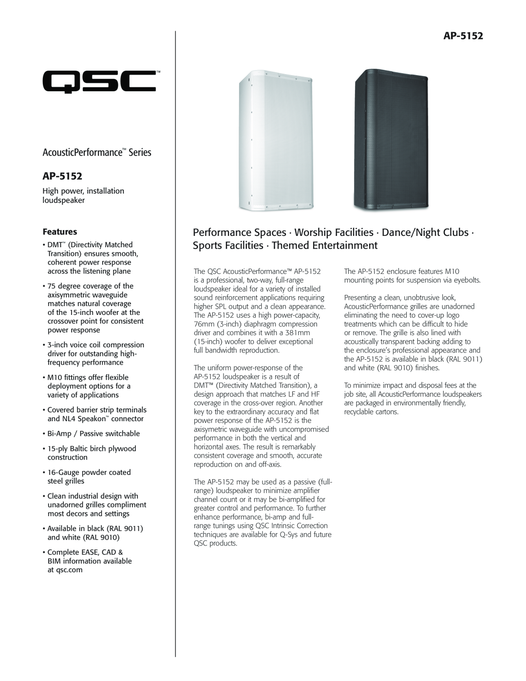 QSC Audio manual Features, AcousticPerformance Series AP-5152, High power, installation loudspeaker 