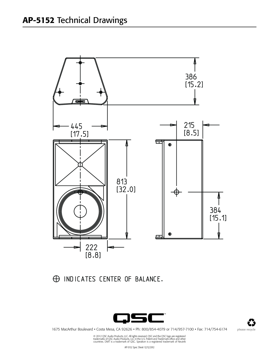 QSC Audio manual AP-5152Technical Drawings, please recycle, AP-5152Spec Sheet 12/12/2012 
